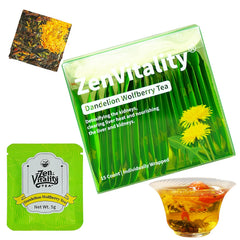 ZenVitality dandelion-wolfberry tea bag in cup for gentle digestion support.