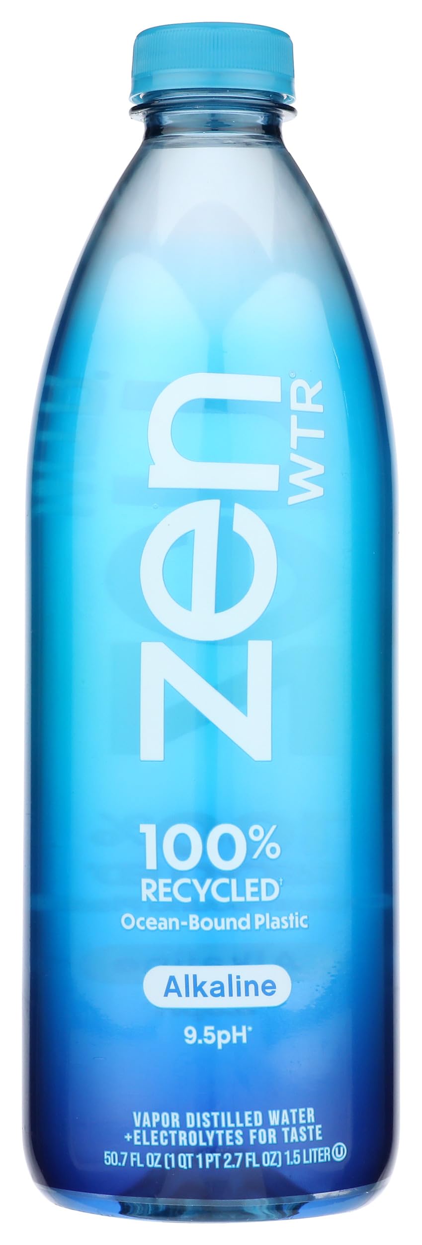 ZenWTR bottle front label shows alkaline water at 9.5 pH for refreshing hydration.