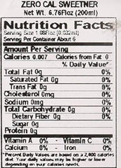 Zero Cal Sweetener Drops on a table show convenient 200ml size.