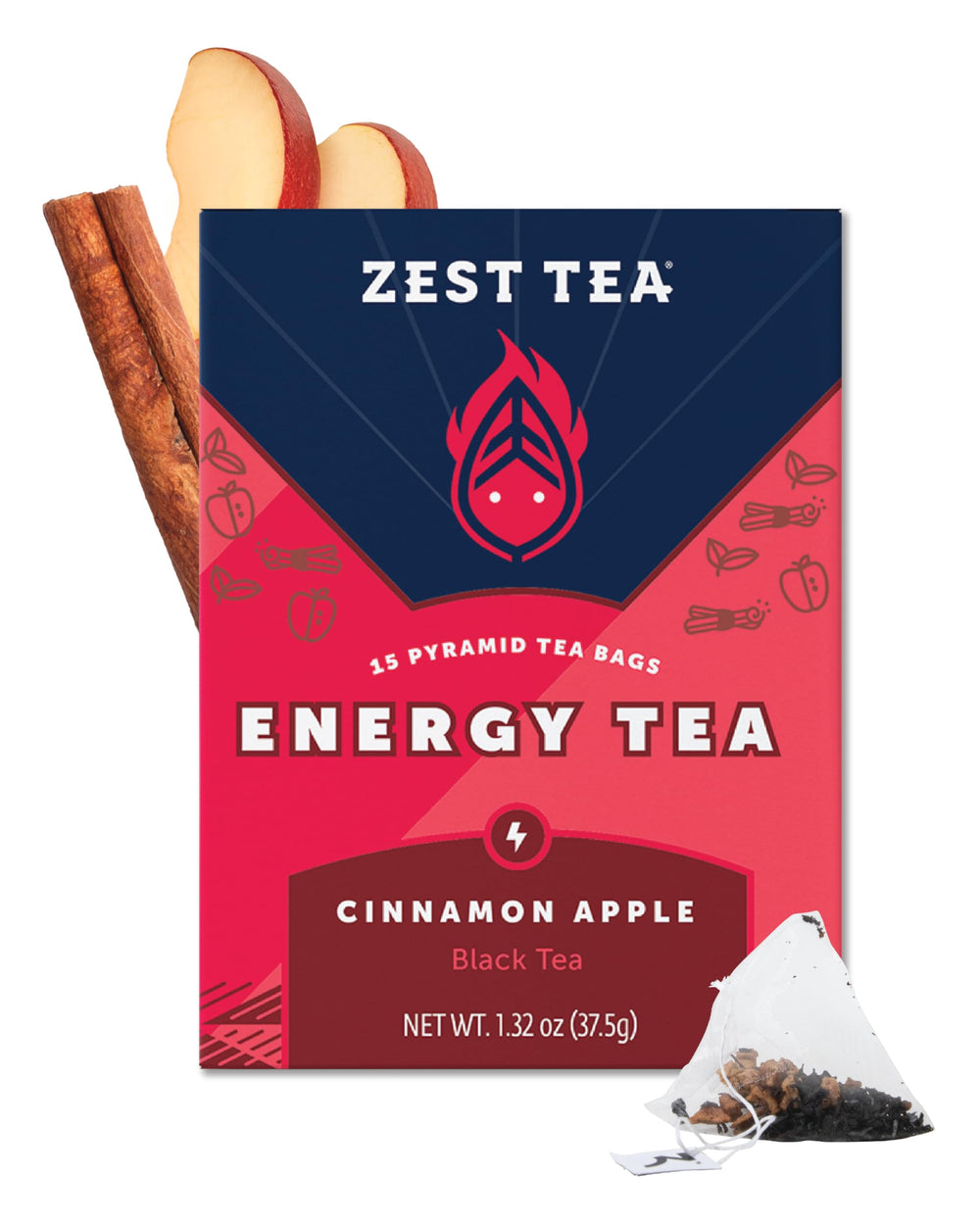 ZEST Cinnamon Apple Spice Energy Tea pyramid bag ready to brew for focus