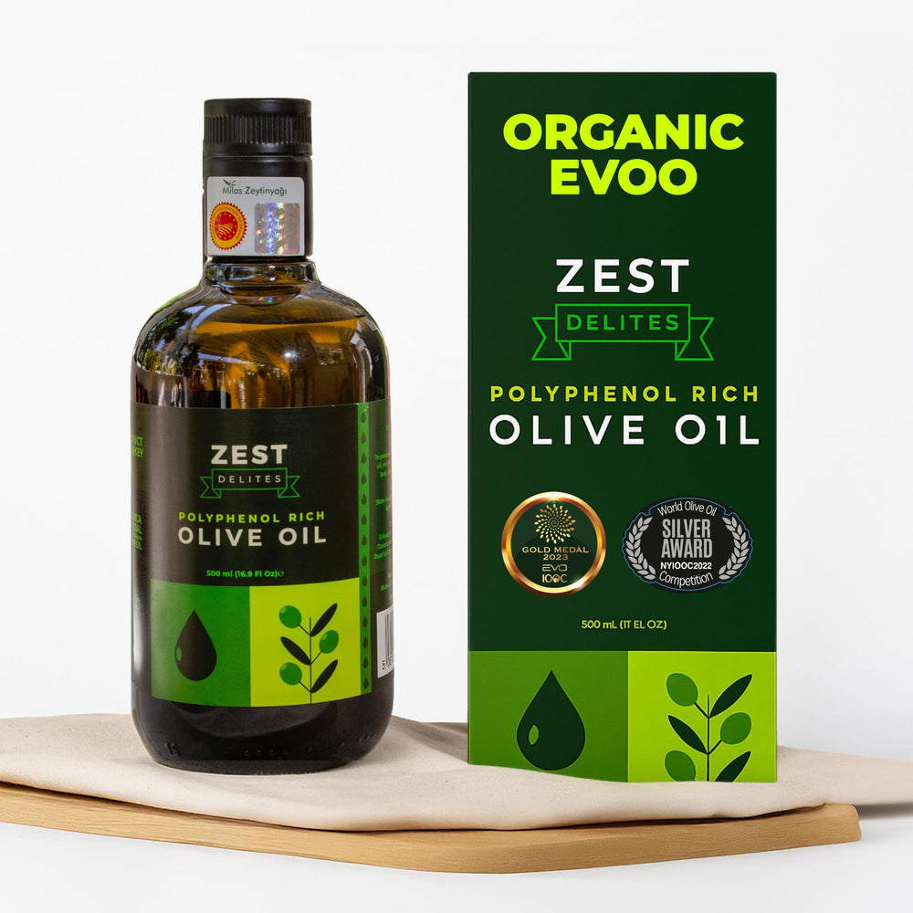 ZEST Delites Polyphenol Olive Oil bottle pour highlights antioxidant richness for salads