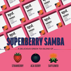 Glass of ZEST Energy Green Tea Superberry Samba iced tea for afternoon recharge