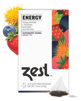 ZEST Energy Green Tea Superberry Samba tea bags in box for quick caffeine boost