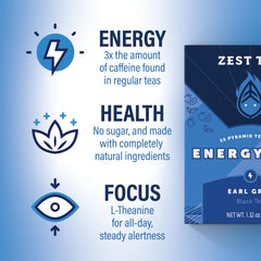 ZEST pyramid tea bags in packaging emphasizing sustainable energy.