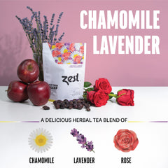 ZEST Sleep Tea Chamomile Lavender highlights natural calming ingredients.