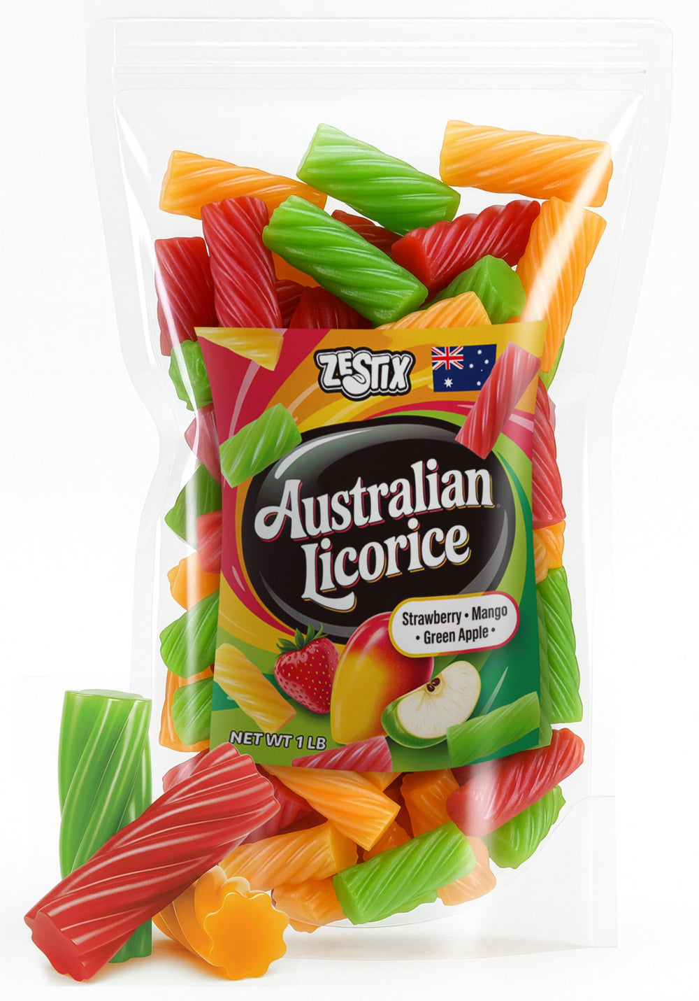 Zestix Australian Licorice Green Apple – a vibrant fruity chew for snacking and party displays.