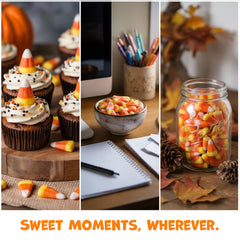 Halloween party setup with Zestix Candy Corn adds colorful bowls