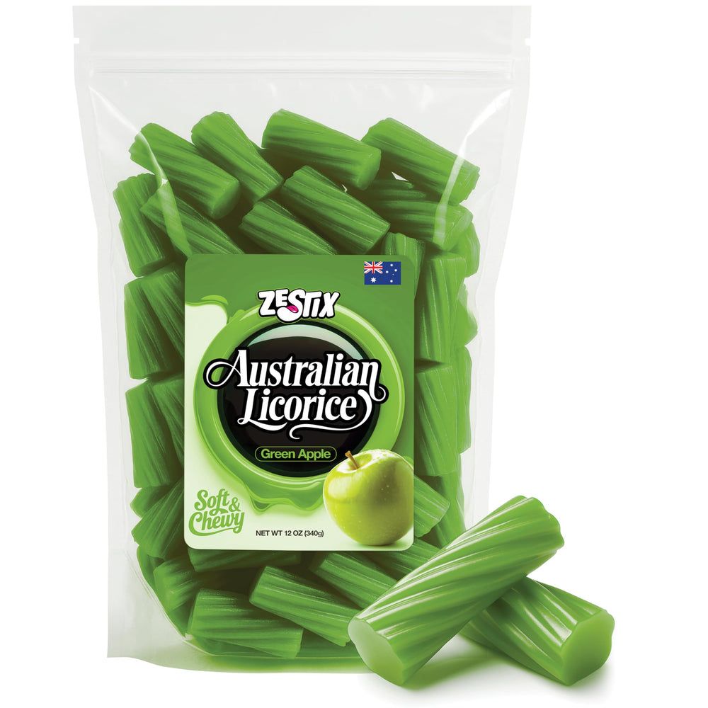 Zestix green apple licorice in stand-up pouch shows fresh color and reseal convenience.
