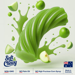 Zestix green apple licorice close-up emphasizes vibrant color and chew quality.