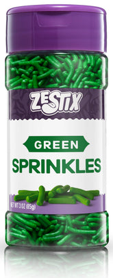 Zestix Green Sprinkles 3 oz bottle, front view for decorating cookies and cupcakes