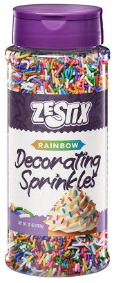 Zestix Rainbow Sprinkles bottle close-up for vibrant cake decoration