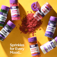 Zestix Red Sprinkles jar label closeup highlighting vibrant color.