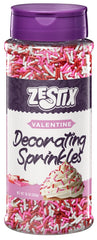 Zestix Valentine Sprinkles bottle with red, white and pink jimmies for festive cupcakes and cookies