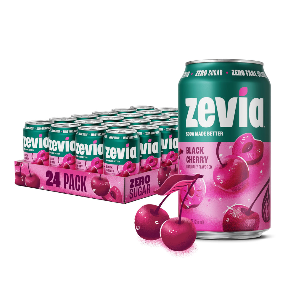 Zevia Black Cherry can, naturally sweetened and zero sugar.