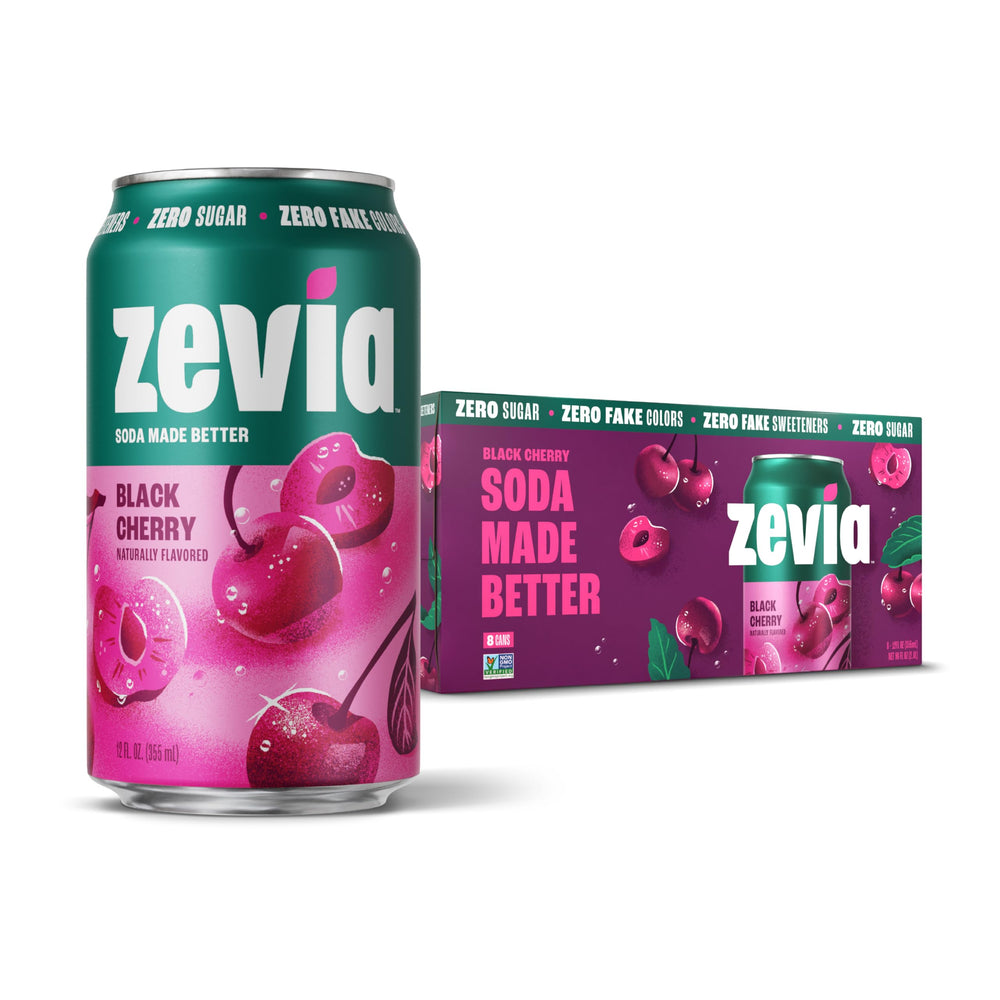 Zevia Black Cherry soda can front, naturally sweetened with zero calories.