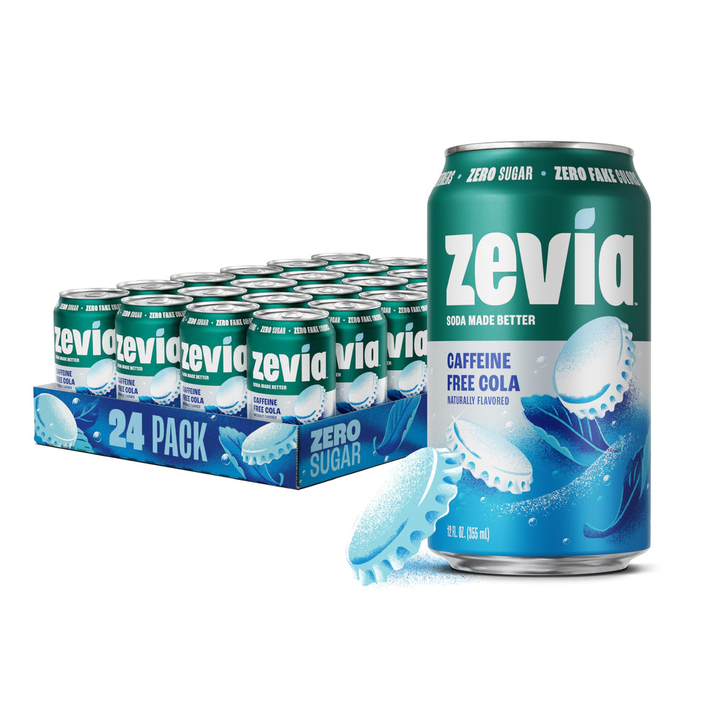 Zevia caffeine-free cola can (12oz) shows zero sugar and bold flavor