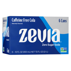 Zevia Caffeine-Free Cola can highlighting zero calories and natural stevia sweetness