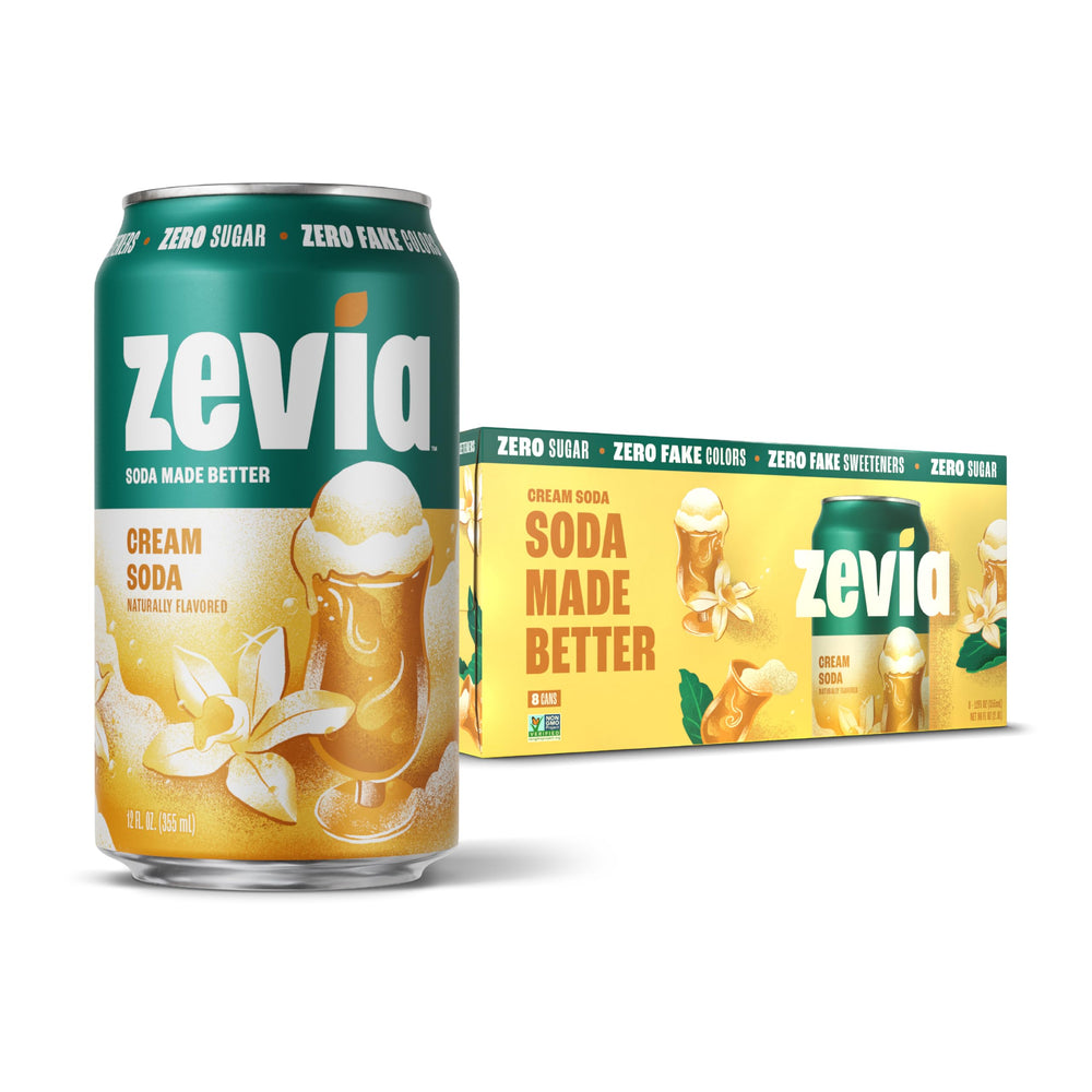 Zevia Cream Soda 12oz can showing zero calories and natural stevia sweetness.