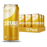 Zevia Cream Soda can being poured, highlighting zero sugar and zero calories.