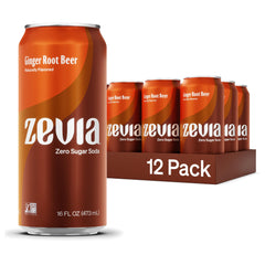 Zevia Ginger Root Beer can on ice highlighting zero sugar for a refreshing sip.