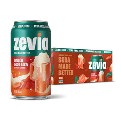 Zevia Ginger Root Beer can stack highlights bold branding and zero sugar messaging