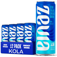 Zevia Kola Energy can close-up highlights zero sugar and 120 mg caffeine.