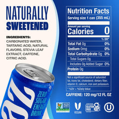 Zevia Kola Energy 12-pack packshot emphasizes convenient, zero-calorie refreshment.
