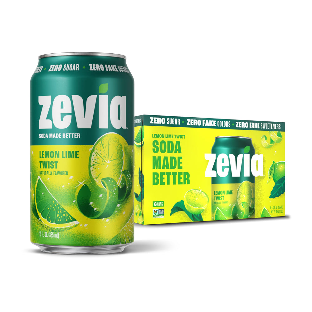 Zevia Lemon Lime Twist can front view, zero-calorie citrus refreshment.