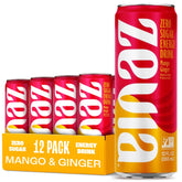 Zevia Mango Ginger energy can close-up; zero sugar and zero calories.