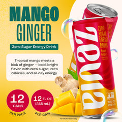 Zevia Mango Ginger energy 12-pack on shelf for diet-conscious shoppers.