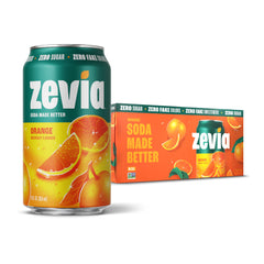 Zevia Orange Soda can front shows vibrant color and zero sugar.