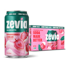 Zevia Strawberries & Cream can front showing zero sugar and bold flavor.