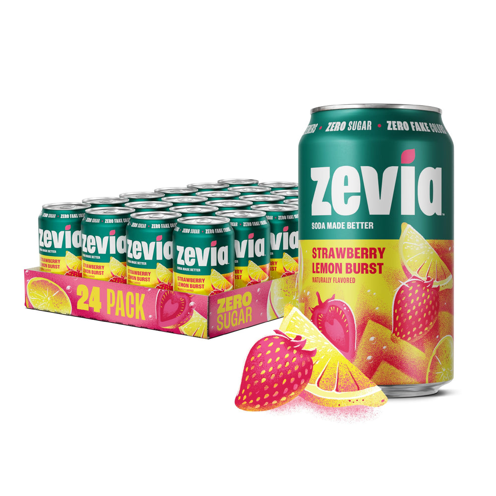 Zevia Strawberry Lemon Burst 12oz can on shelf, zero sugar option.