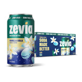 Zevia Vanilla Cola can front, naturally sweetened with stevia.