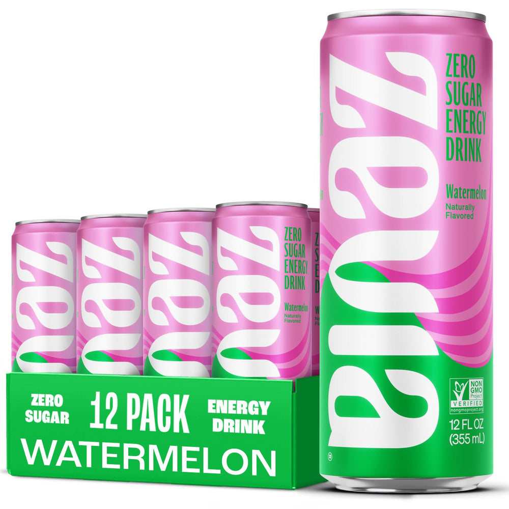 Zevia Watermelon Energy Can pour, zero sugar boost for workouts.