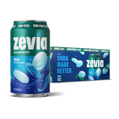 Zevia Zero Sugar Cola can front view, guilt-free refreshment with zero calories