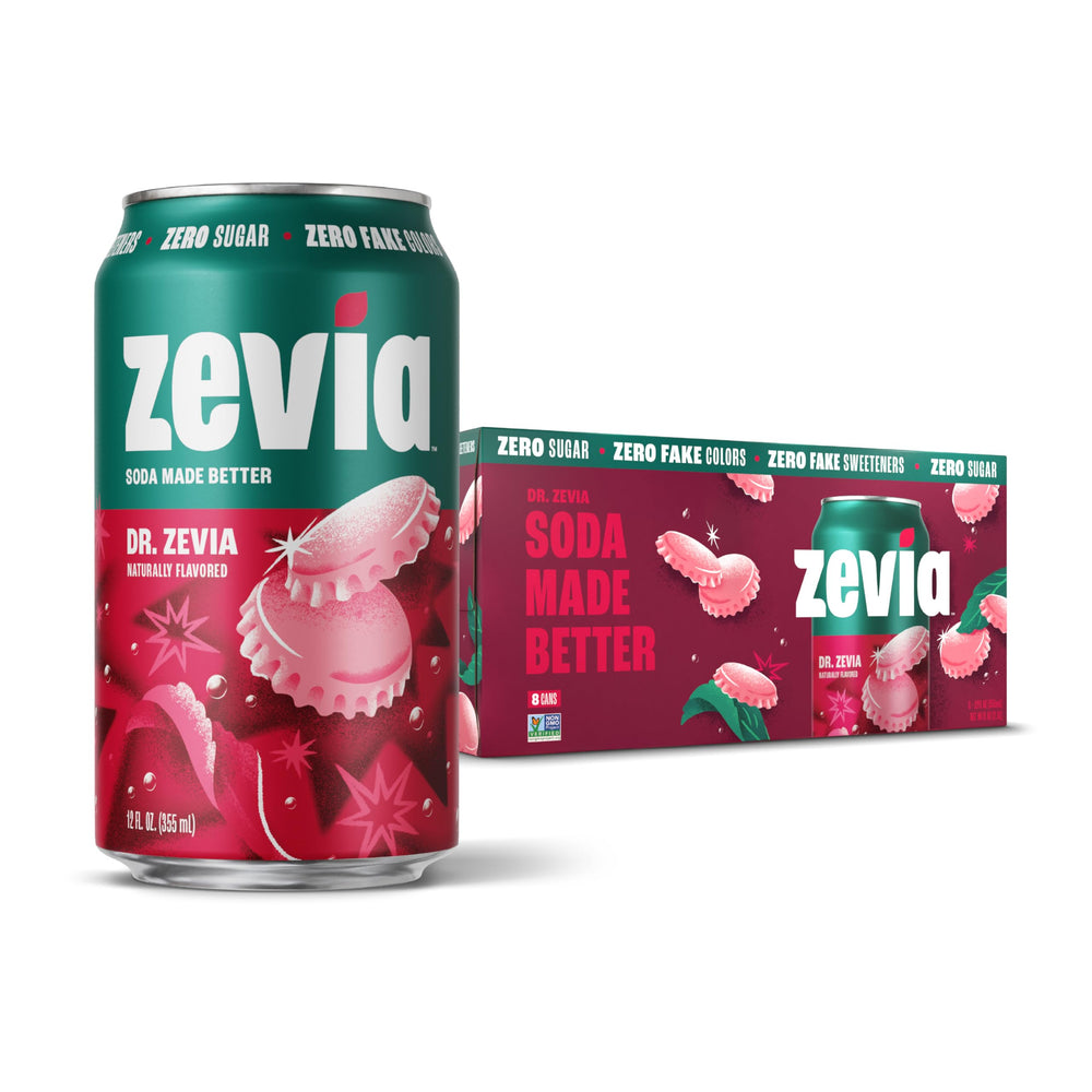 Zevia Zero Sugar Soda can front with bold branding and zero sugar clarity.