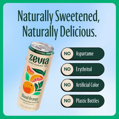 Six-pack Zevia zero sugar tea cans highlighting a gluten-free option.