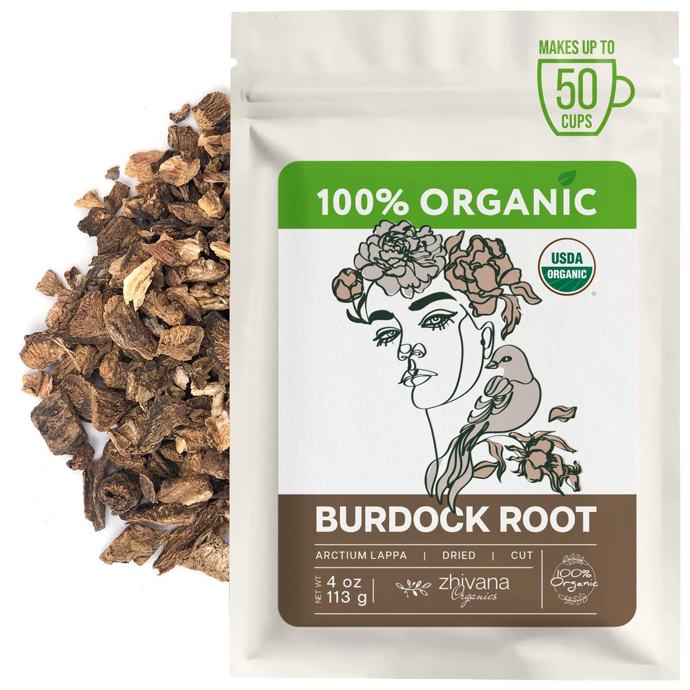 Zhivana Organics burdock root loose tea being prepared for infusion