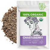 Zhivana Organics chasteberry tea packaging showcasing pure, caffeine-free herbal blend for calm moments.