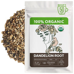 Zhivana Organics dandelion root tea bottle on a kitchen shelf, ready for daily use.