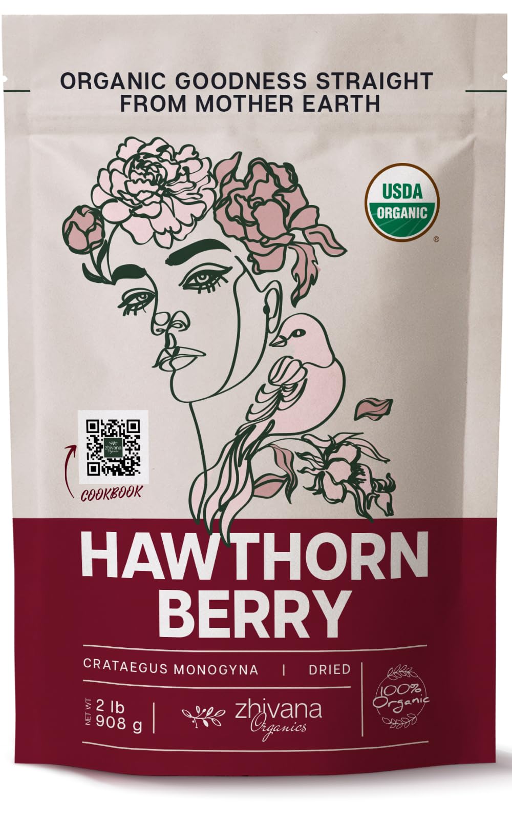 Zhivana Organics hawthorn berry tea packaging for premium herbal brews.