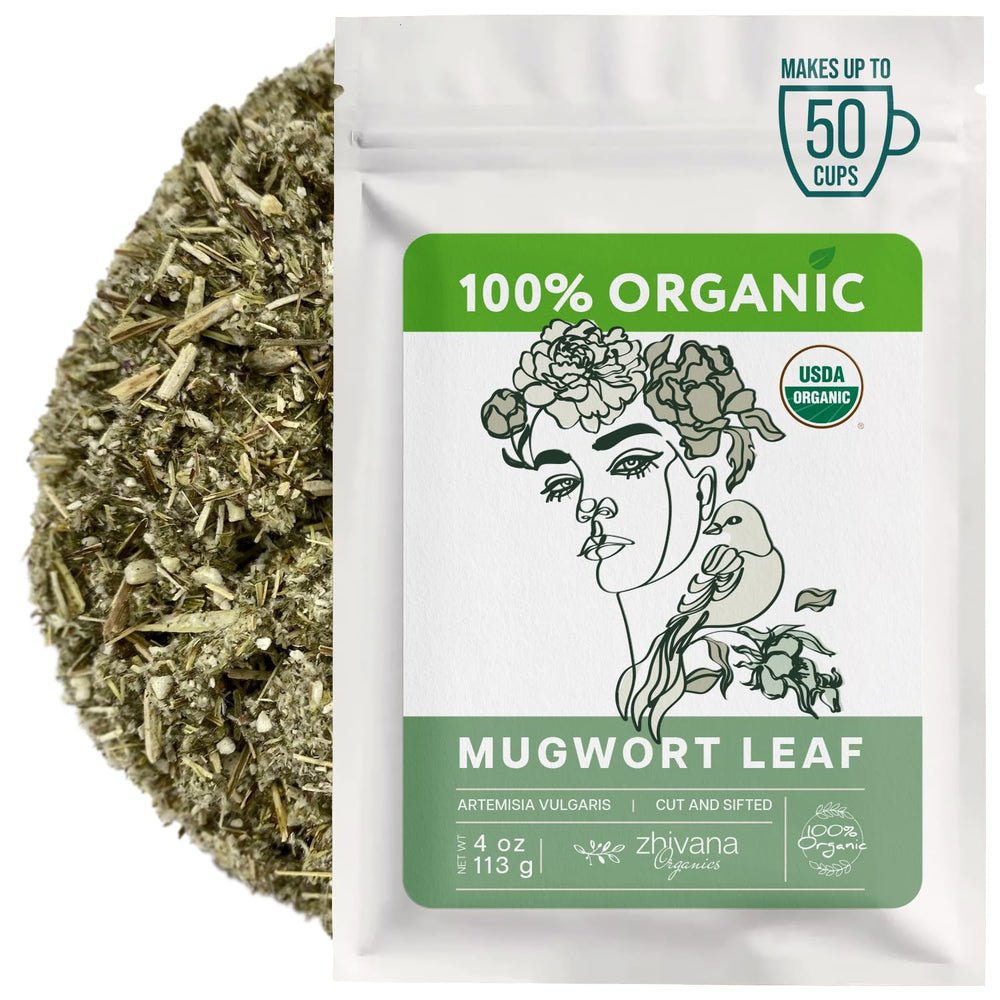 Zhivana Organics Mugwort Tea leaf close-up, ideal for a calming evening infusion.