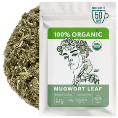 Zhivana Organics Mugwort Tea leaf close-up, ideal for a calming evening infusion.