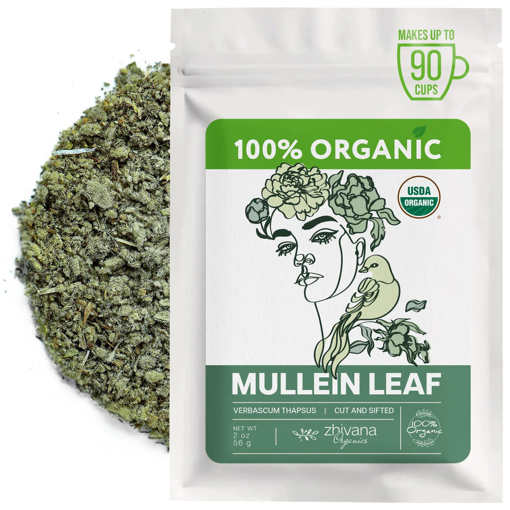 Zhivana Organics mullein tea loose leaf, delicate texture perfect for soothing evening rituals.