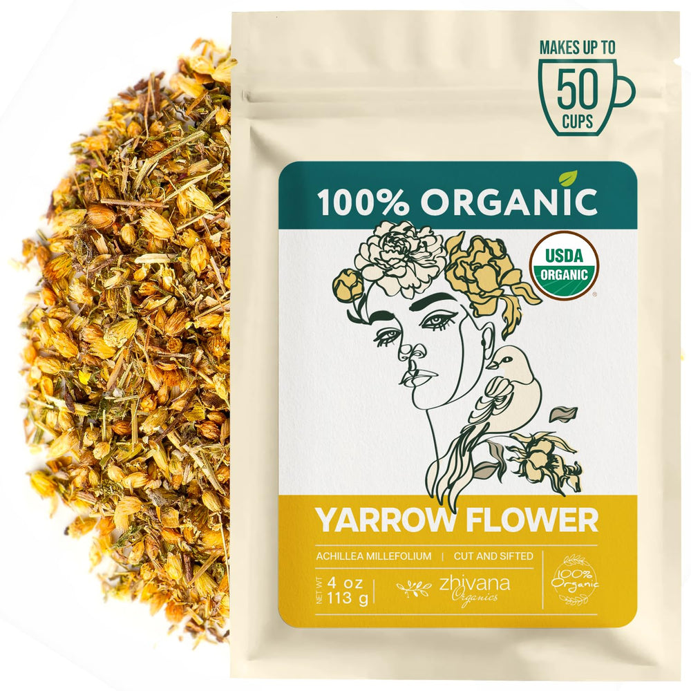 Zhivana Organics Yarrow Flower Tea packaging highlights purity and sustainable sourcing.