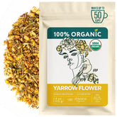 Zhivana Organics Yarrow Flower Tea packaging highlights purity and sustainable sourcing.