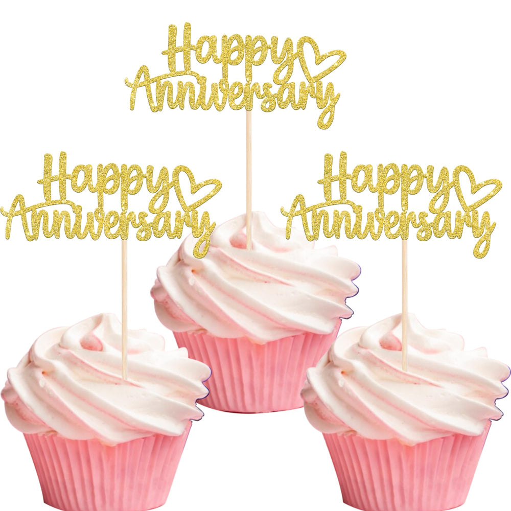 ZHUOWEISM Happy Anniversary cupcake toppers in gold glitter enhance cake decor.