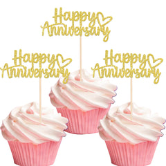 ZHUOWEISM Happy Anniversary cupcake toppers in gold glitter enhance cake decor.