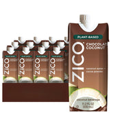 ZICO Chocolate Coconut Water bottle pouring into a glass for a refreshing plant-based treat.